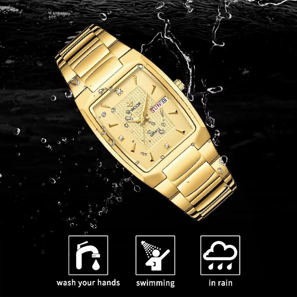 WWOOR Luxury Business Men Watches Gold Quartz Stainless Steel Sport Clock Waterproof Week and Date Wrist Watches
