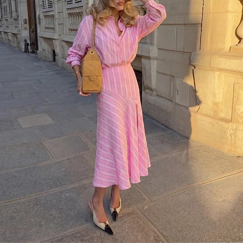 2026 Womens Elegant Striped Collar Shirt Split Hem Maxi Skirt Set - Lightweight Comfortable Office Casual Ensemble