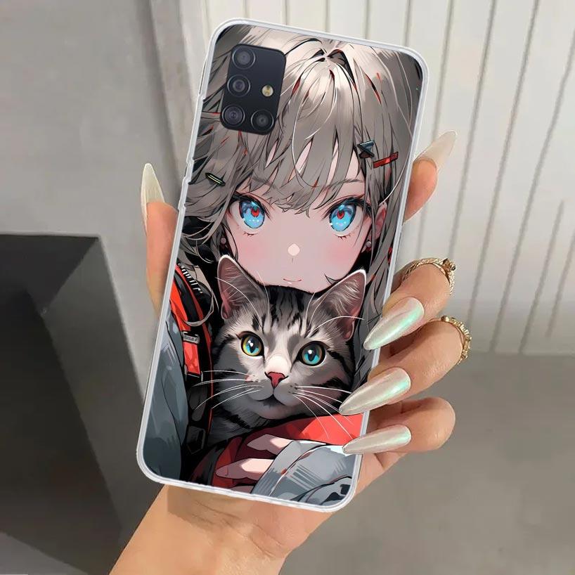 Anime Girls Cute Black Cat Phone Case for Samsung Galaxy A52 A32 A22 A12 A02S A50S A30S A10S Note 20 Ultra 10 Plus S10 A31 A20 A