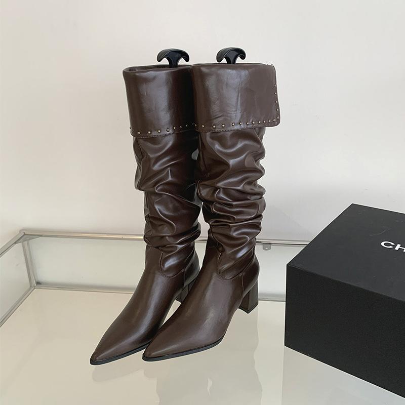 

2025 new autumn and winter stacking boots small long boots pleated thick heel long tube two wear knight boots 39 коричневый