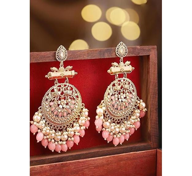 Traditional 22K Gold Plated Handcrafted Crescent Chandbali Earrings with Beads for Women and Girls