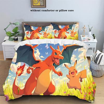 Anime-Bettwäsche-Set mit Cartoon-Pokémon-Motiven: Kawaii Pikachu, Gengar, Evoli, Glurak – Bettbezug, Kissenbezug, Kinderbett-Set (Einzel- und Kingsize)