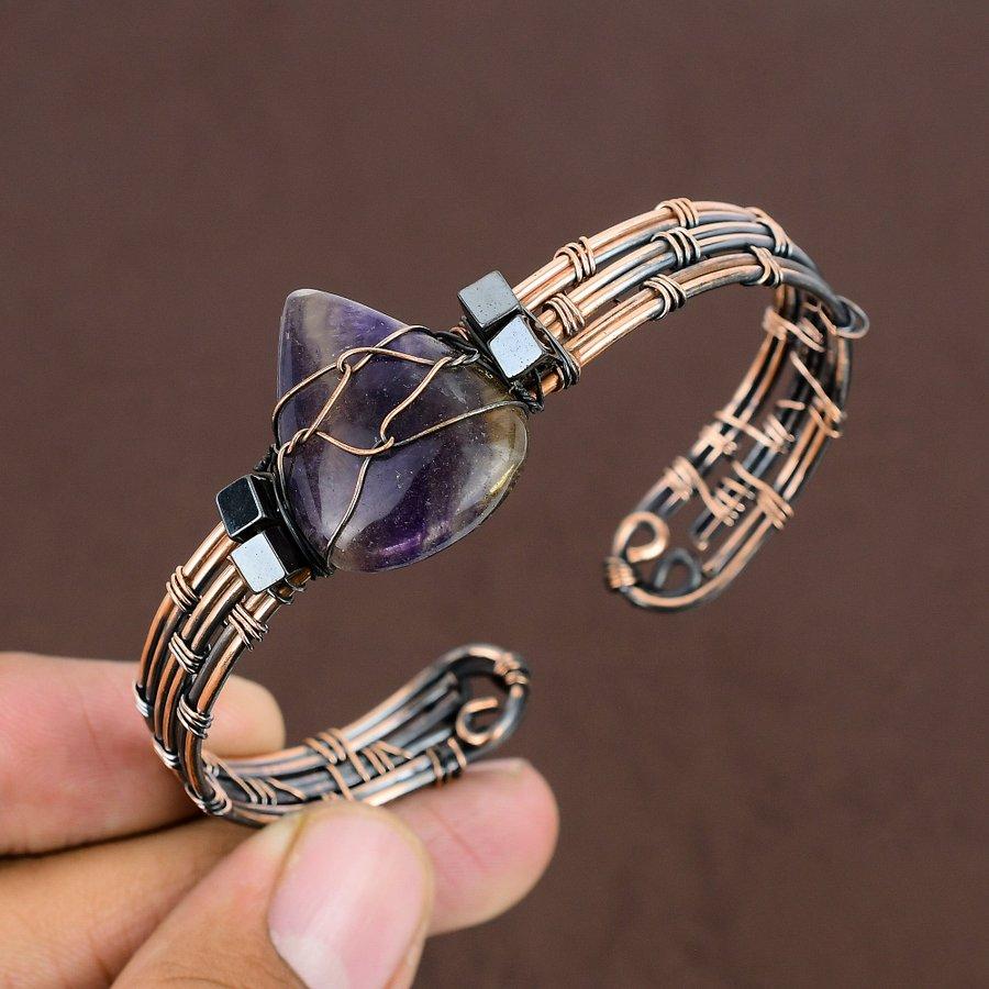 Natural Fluorite Gemstone Handmade Copper Wire Wrap Cuff Bangle Adjustable G9r78