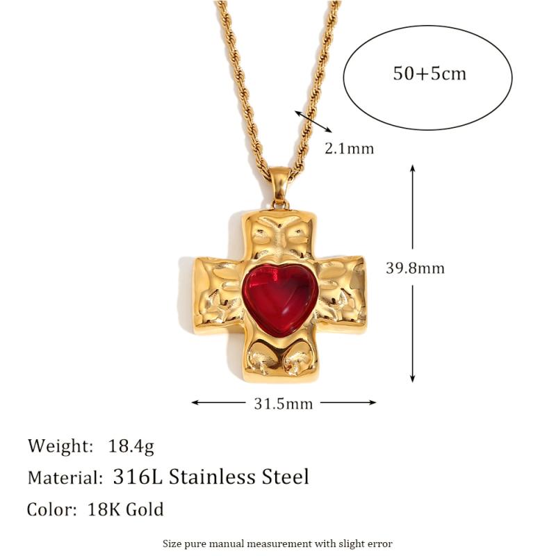 

E.B.belle Stainless Steel Large Red Heart Series Cross Sun Sweet Style Vintage Statement Gold Plated Peddant Necklace