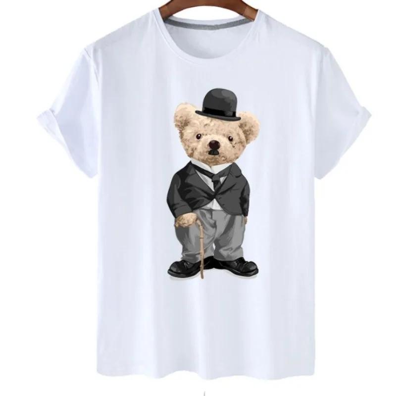 plus Size Trendy Teddy Bear Graphic Tee Casual Short-Sleeved T-Shirt Polyester Fabric Summer Top for Men