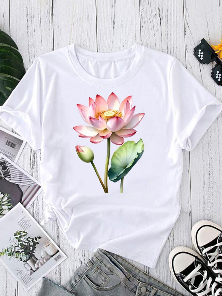 (Asian Size) Tee Fashion Print Casual Top O-neck Short Sleeve T-shirts Sweet Flower Style 90s T Graphic Female Women's Clothing