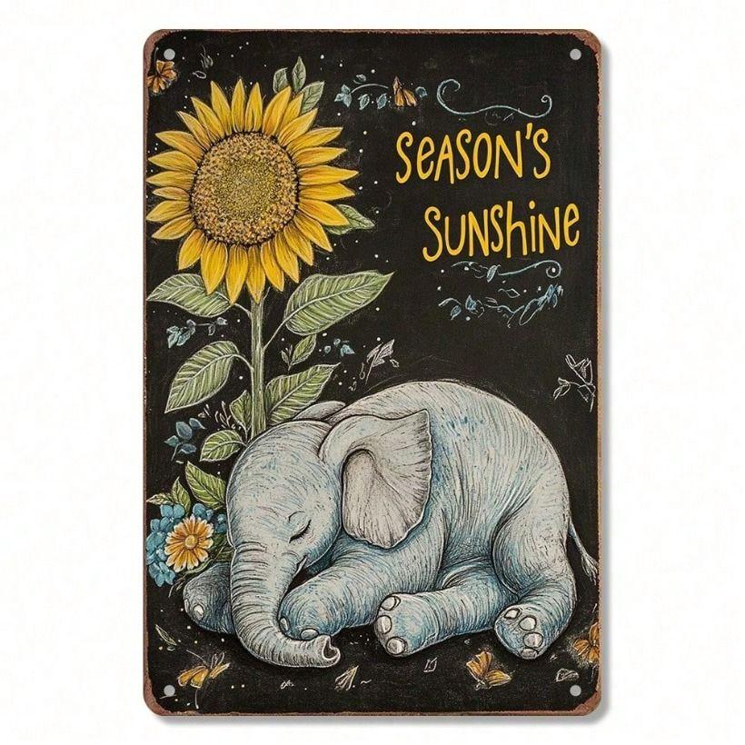 Vintage Metal Poster Wall Art Elephant Flower Bouquet Bar Decor