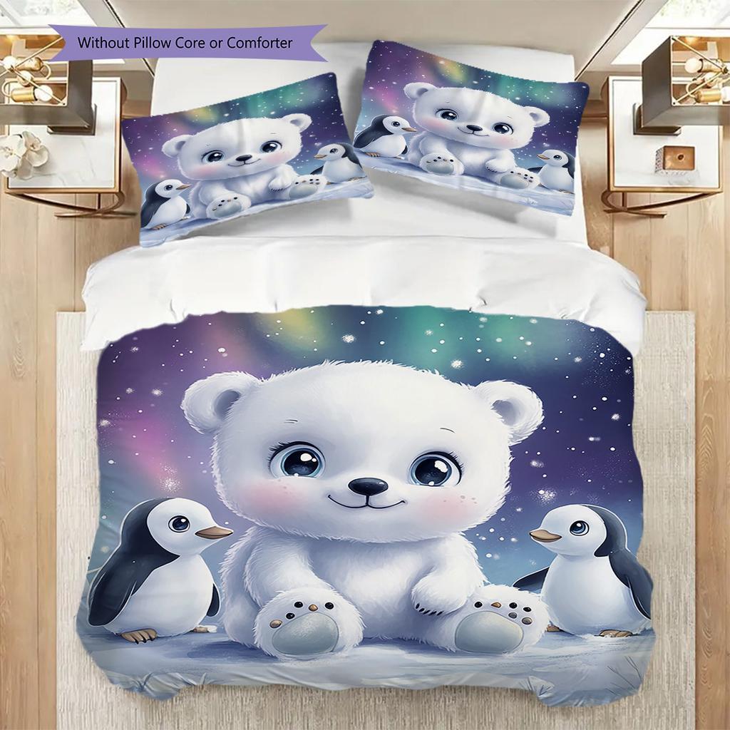 Polar Bear Pattern Bedding Quilt Set Quilt Cover Pillowcase Home Decoration Birthday Gift (1 * Duvet Cover + 2 * Pillowcase, Without Core)