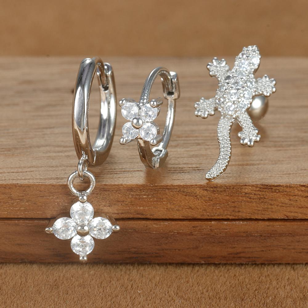 Ensemble de 3 Boucles d'Oreilles Anneau Couronne en Acier Inoxydable Couleur Argent pour Femmes Quatre Fleurs Zirconium Piercing Cartilage Boucle d'Oreille Bijoux Mode