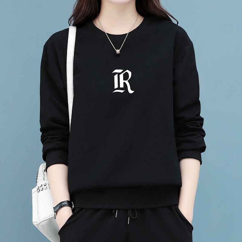 Women's Korean-Style Casual Pullover Solid Color Loose Round Neck Lettering Slimming Long-Sleeve Sweatshirt