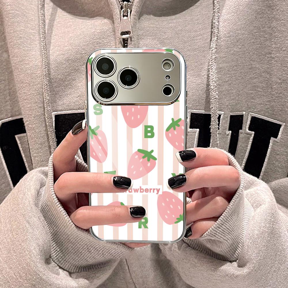 Ins Fruit Fashion Phone Case For iPhone 17 16 15 14 13 12 Pro Max Plus Electroplated Metal Shockproof Bumper Case Glass Back