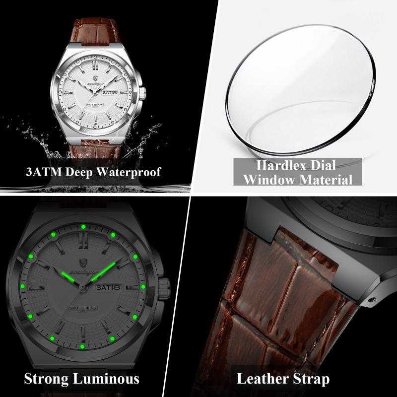 POEDAGAR Fashion Man Wristwatch Waterproof Luminous Date Week Business Quartz Watches Leather Sport Clock Reloj Hombre