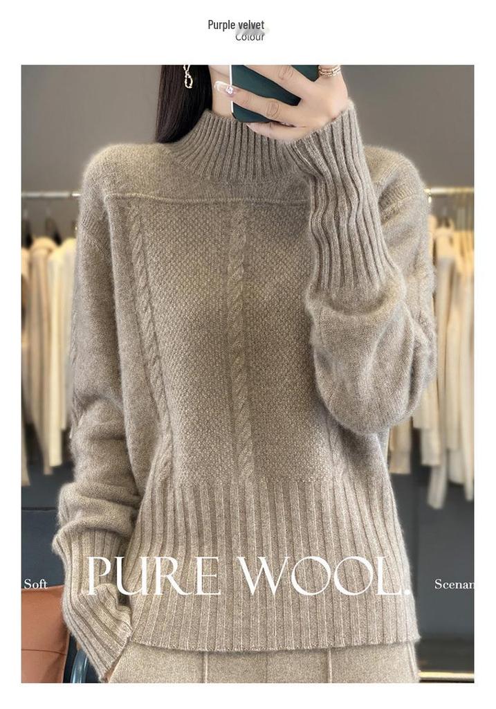 Women's Fashion High Neck Wool Cable Knit Sweater - Autumn/Winter Collection