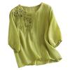 Damen Baumwoll-Leinen Stickerei Locker Retro Rundhals Pullover Top