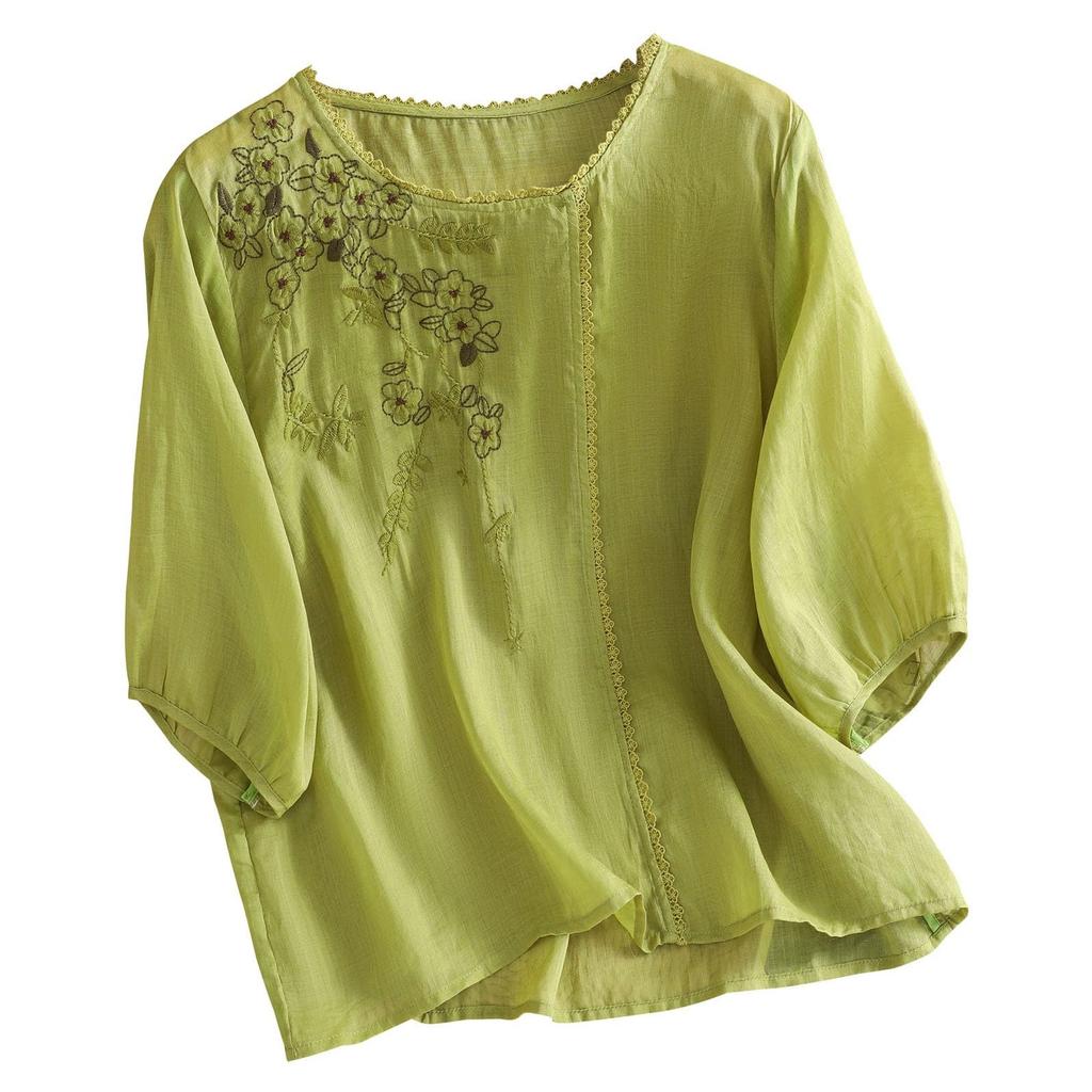 Damen Baumwoll-Leinen Stickerei Locker Retro Rundhals Pullover Top