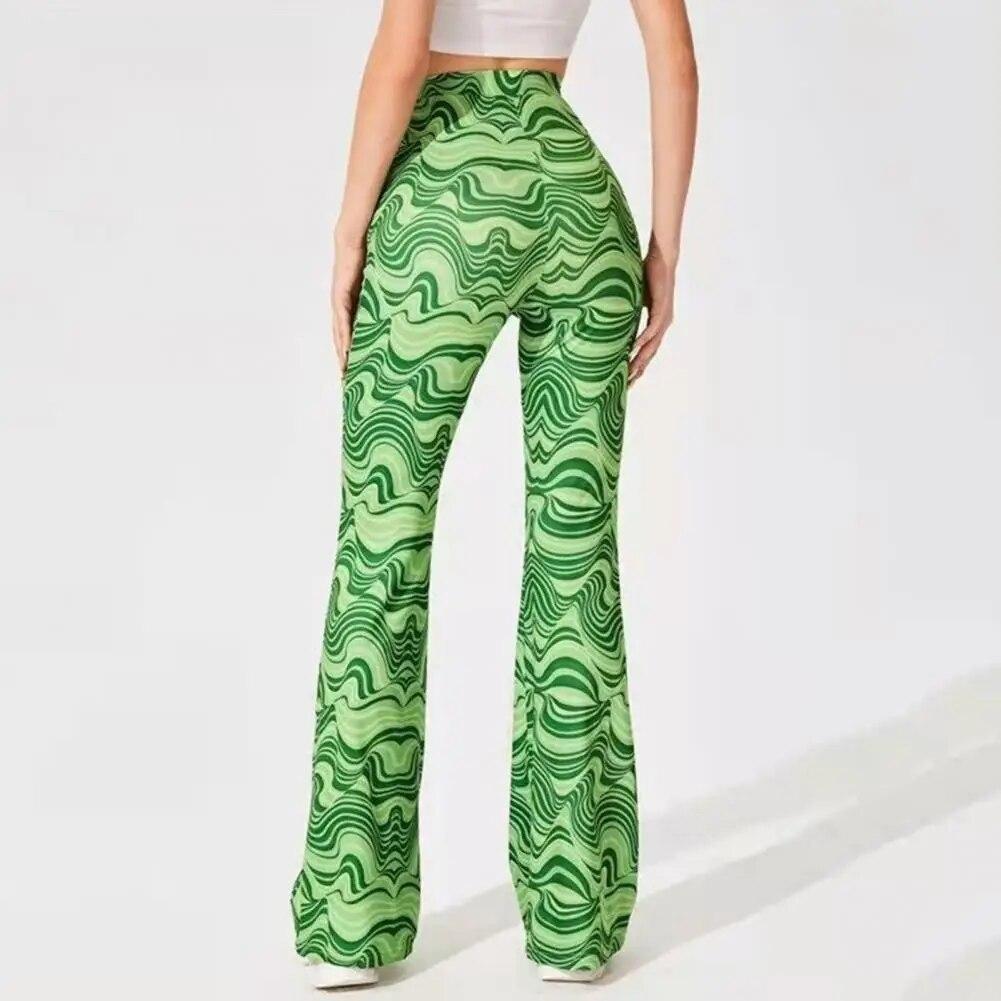 Women Flared Trousers Contrast Color Water Wave Print High Waist Spring Yoga Pants Slim Fit Elastic Waist Bell-bottomed Pants