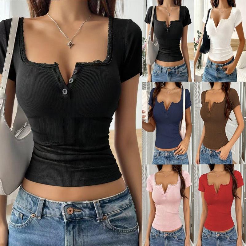 Women's V Neck Short Sleeve Ribbed Crop Top Slim Fit Elegant Lace Trim Button Down Tee Shirt