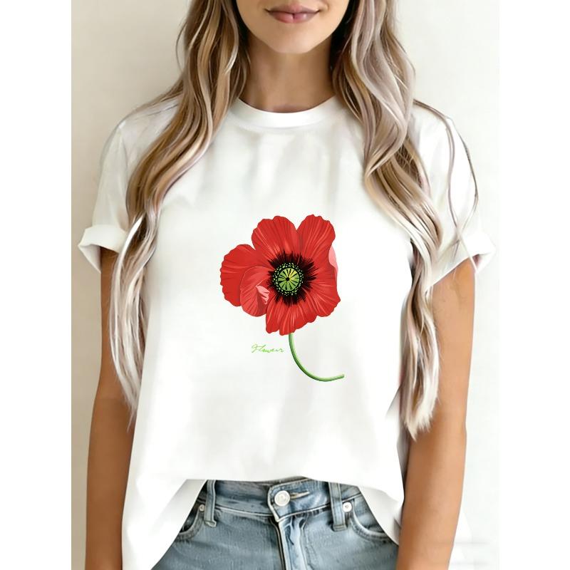 Women Casual T-Shirt White Poppy Flower Print With Green Stem And Signature For Daily Wear And Spring Outfits