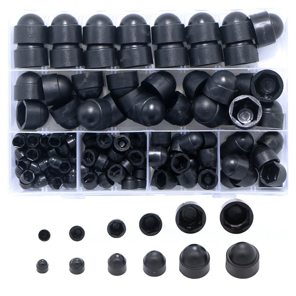 145pcs/set Black Protection Cover Assorted Plastic Nut Hex Bolt Covers M4 M5 M6 M8 M10 M12 Kit for Hexagonal Screw Bolt Dome Head