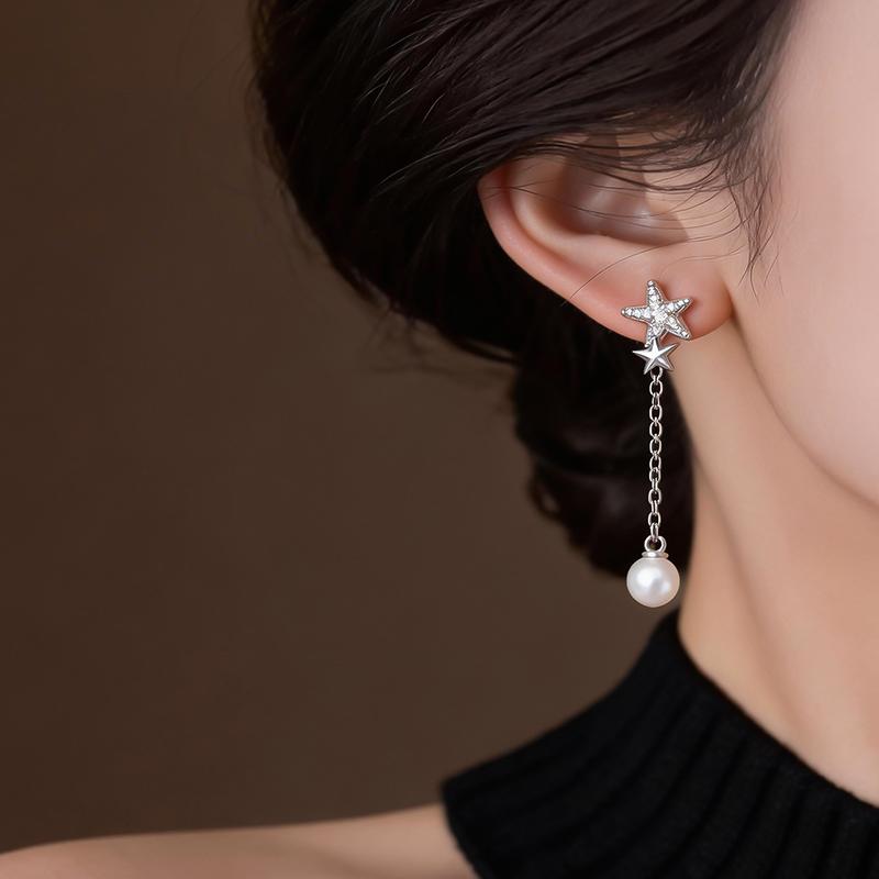 New Elegent Rhinestone Star Zircon Earrings for Women Long Tassel Chain Round Pearl Drop Earrings Luxury Shiny Y2K Jewelry Gifts