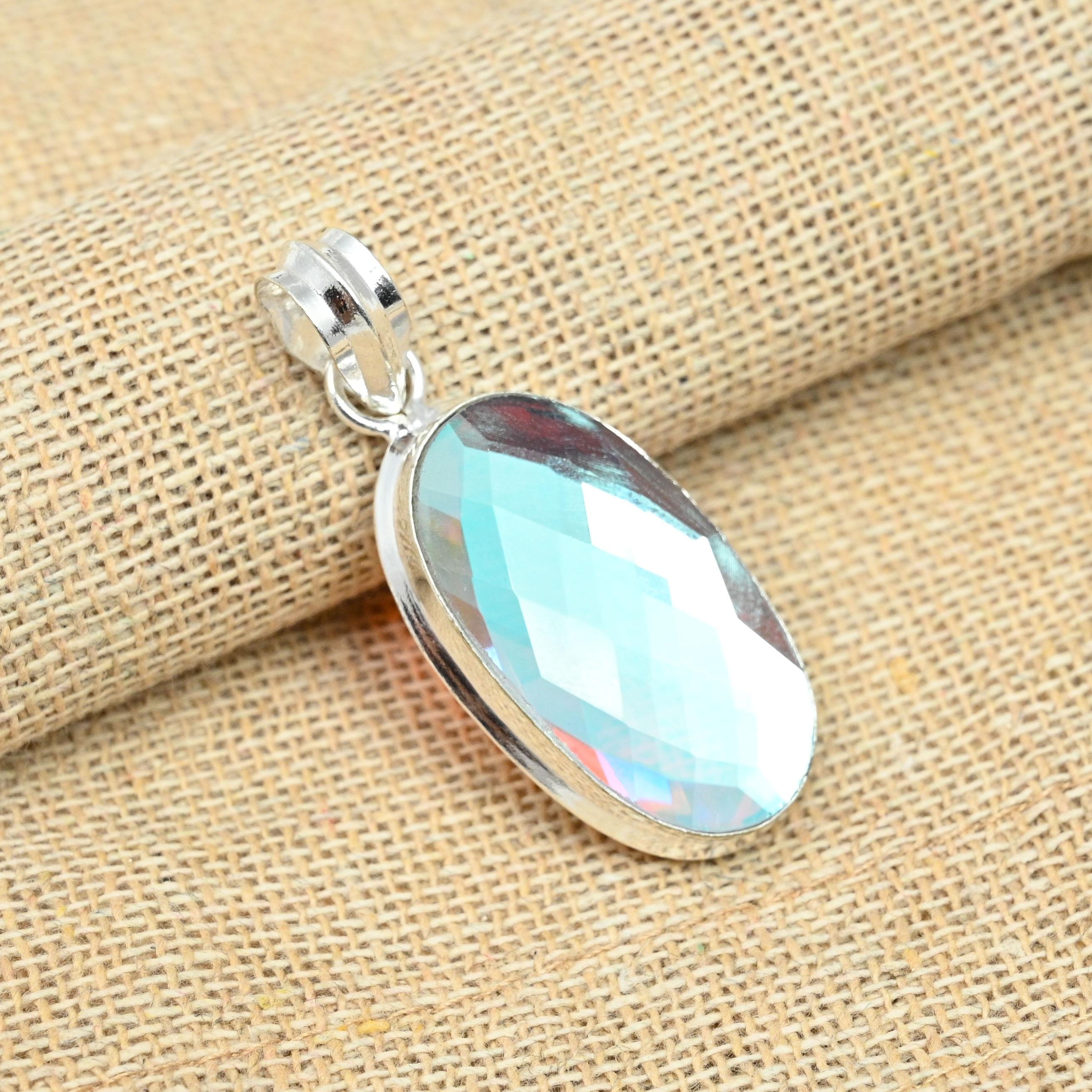 

AAA + Rainbow Mystic Topaz Gemstone Solid 925 Silver Handmade Women Gift Pendant 1.96 Inches белый