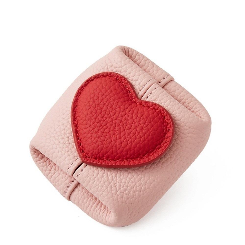 Love Heart Coin Purse Solid Color Small Earphone Bag Luxury Cowhide Coin Purse  Girl розовый