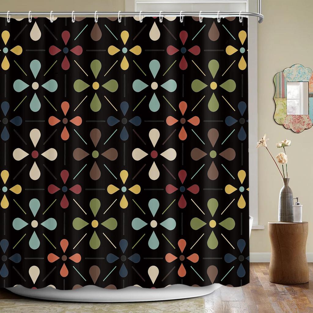 Mid Century Modern Shower Curtain, Geometric Abstract Bathroom Decor Set With Hooks, Waterproof Washable Retro Fabric Decor