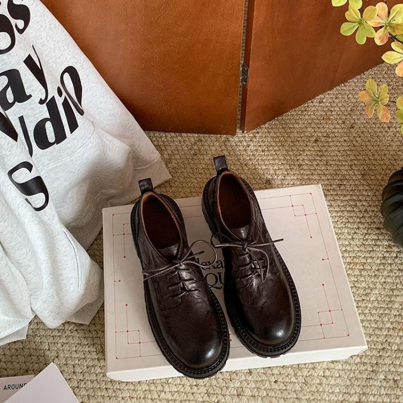 

New women s leather lace-up loafers, non-slip thick-soled large-size shoes, comfortable cowhide women s shoes, round head four-season single shoes 40