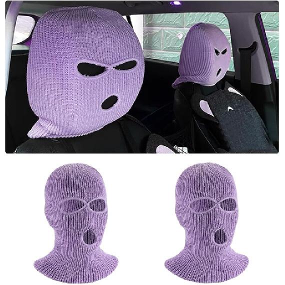 2 PCS Car Headrest Cover, Personalized Funny 3 Hole Auto Seat Full Face Mask Headcover, Ski Mask Wrap Protection for Front Seat Head Rest Decoration,