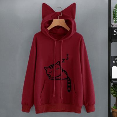 Yousheng Dam Höst Vinter Hoodie med Stor Ficka Kattöron Dekor Kitty Tryck Huvförsedd Långärmad Lös Pullover Hem Skola Sporttopp