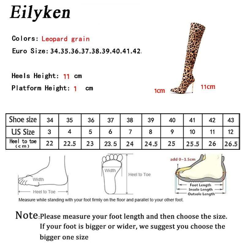Fashion Eilyken New Thigh High Boots Pointed Toe Sexy Leopard Grain Thin Heels Stretch Fabric Over-the-Knee Womens Boots Shoes