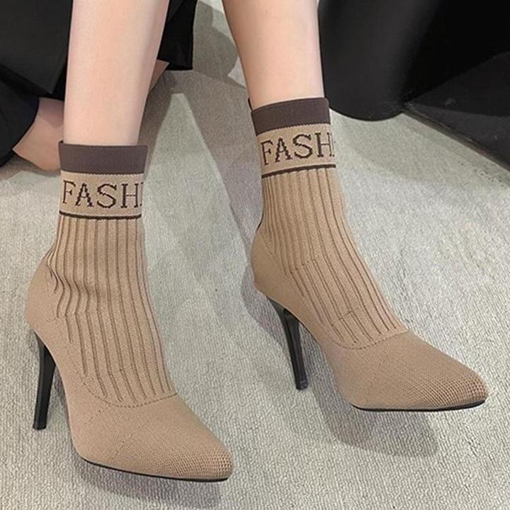 Женские эластичные вязаные ботильоны с острым носком и толстым каблуком, ботильоны до щиколотки для миниатюрных, стройнящие, стильные 41
