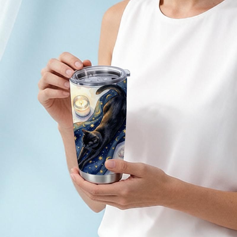 591ml Car Tumbler Black Cat Crystal Star Element Straw Cup Portable Tumbler Stainless Steel Tumbler Gift Cup Insulated Travel Cup 591ml Car Tumbler
