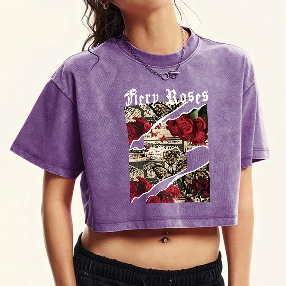 

Retro Rose Newspaper Prints Women Washed T Shirt Fashion Tee Clothing Retro Short Sleeve Cotton Slim T-Shirt M
