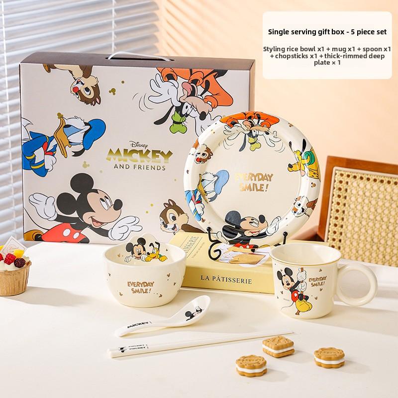 Disney Mickey Chip Dale Light Luxury Keramik Teller Schüssel Tasse Geschirr Set Niedlicher Cartoon Geschirr Teller Kinder Zuhause Tiefer Teller 5pcs Gift box white