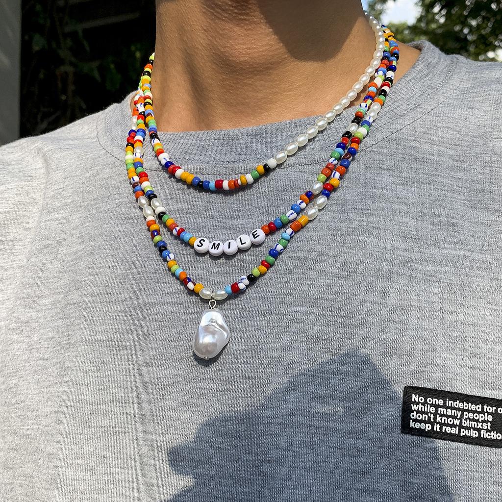 Bohemian Style Irregular Pearl Letter Multi-layer Combination Stacked Colorful Rice Bead Necklace for Men
