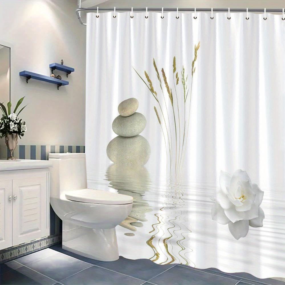 Minimalist Shower Curtain - Stone & Wheat, White Peony Reflection, Polyester, 70In, 12 Hooks, Machine Washable