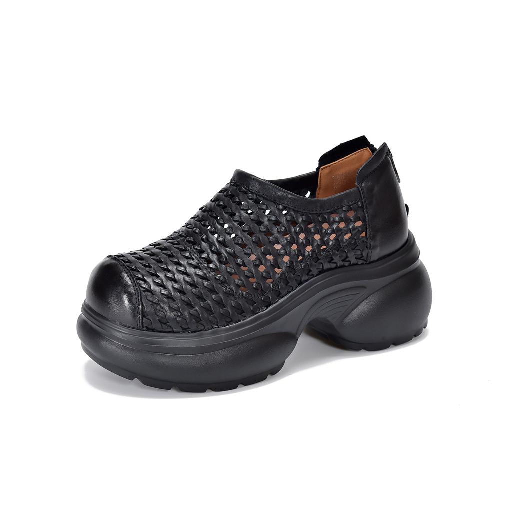 Johnature Thick Soled Height Increasing Genuine Leather Woven Sandals Hollow Breathable Women's Platform Shoes