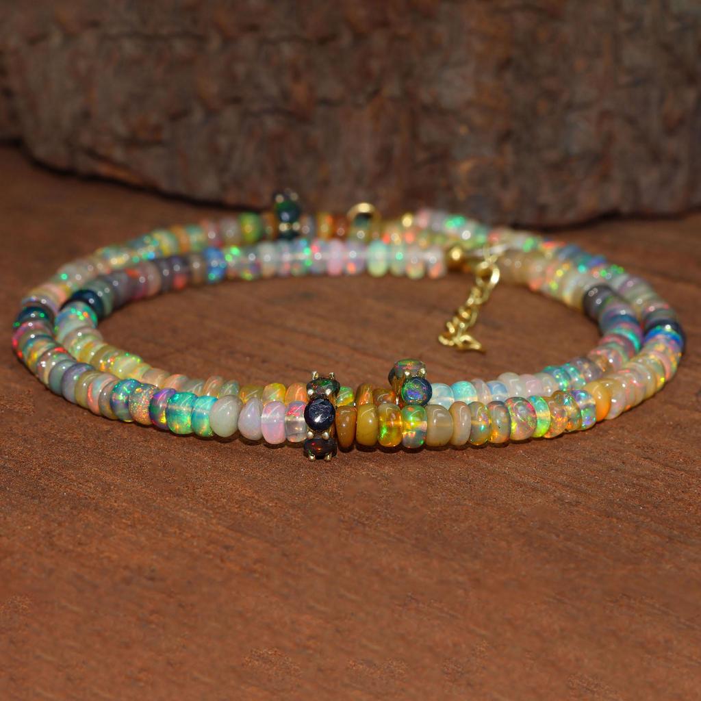 Genuine Black Opal Gemstone Beaded Necklace, Multifire Opal Shaded Beads Necklace, October Birthstone, Minimalist Necklace, Gift for Her
