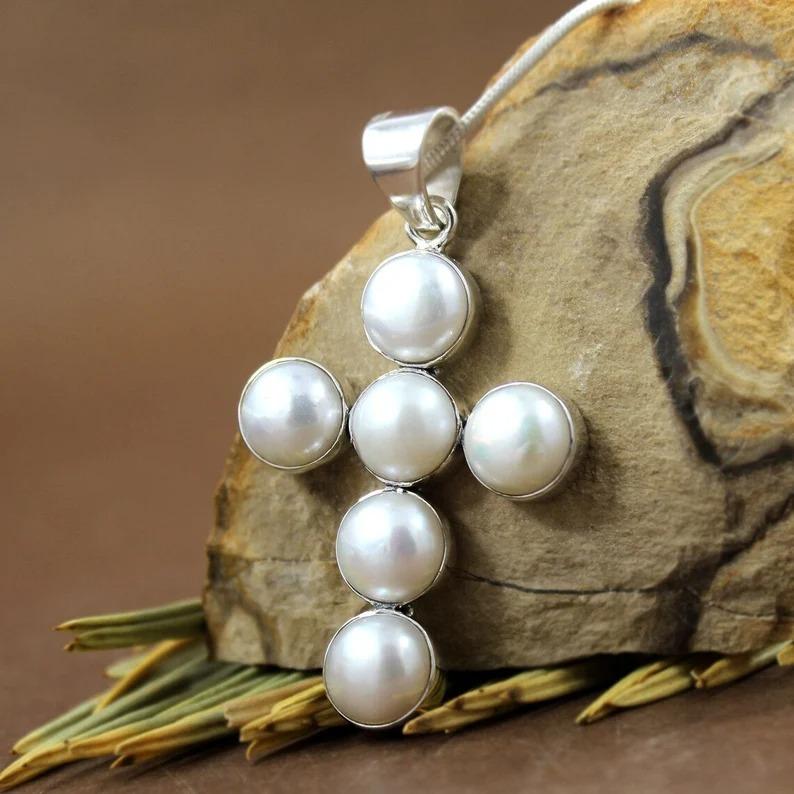 

Кольє з круглим дорогоцінним камінням з білими перлами, кулон Рейкі, срібні ювелірні вироби, срібло 925 проби, намисто з хрестом, унікальний подарунок Pendant