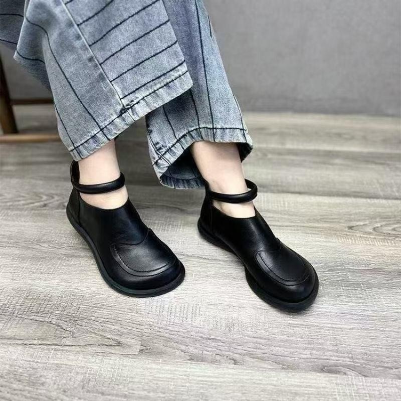 Damskor Ankelstövlar i Mjukt Läder Patch Rund Tå Slip-On Vardagsskor Andningsbara Svarta Stövletter