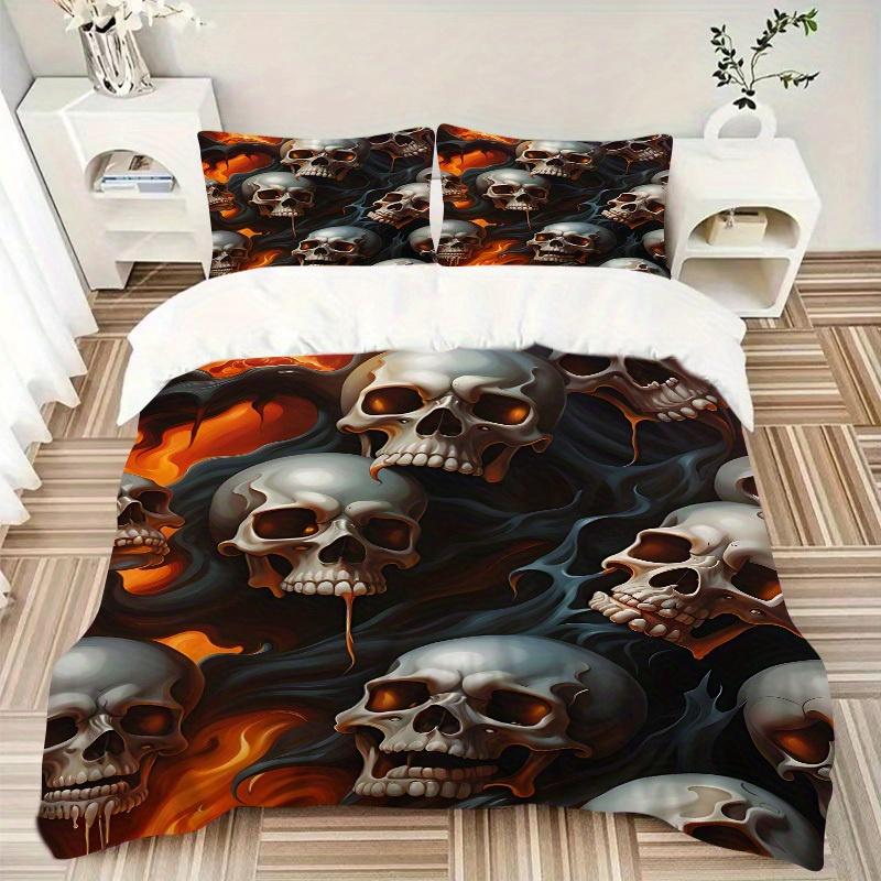 3pcs Skulls Flames Bedding Cover Set, Fashion Classic Popular Print Bedding Set, Soft Comfortable, All Season Use, For Bedroom, Guest Room (