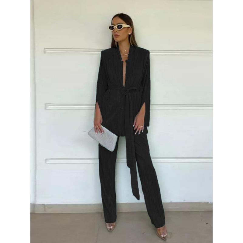 Camisa de renda com manga dividida, calças plissadas, body com fenda, ternos fashion com renda, manga comprida, blazer, 2 peças, conjuntos de roupas femininas