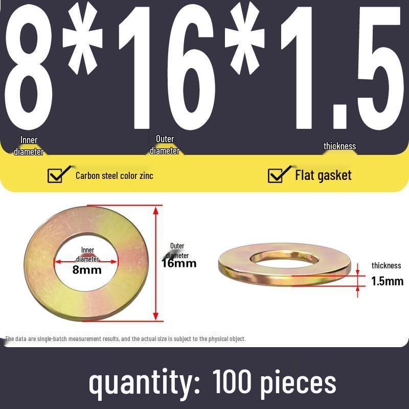 Yellow Color-Plated Zinc Flat Washer, Oversized 4.8 Grade Metallic Gold, Thickened & Thin Shim Options