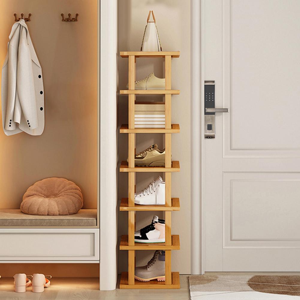 Bamboo Shoes Rack 7 Tiers Vertical Shoe Rack Wood Narrow Shoe Rack Small Shoe Organizer Corner Tall Shoes Shelf Tall Tower