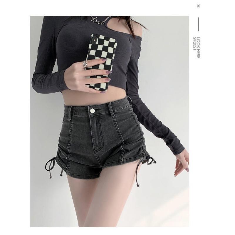 Pantaloni scurți din denim cu șnur pentru femei, design de vară, talie înaltă, elastic, subțiere, strâmți, cu picior lat