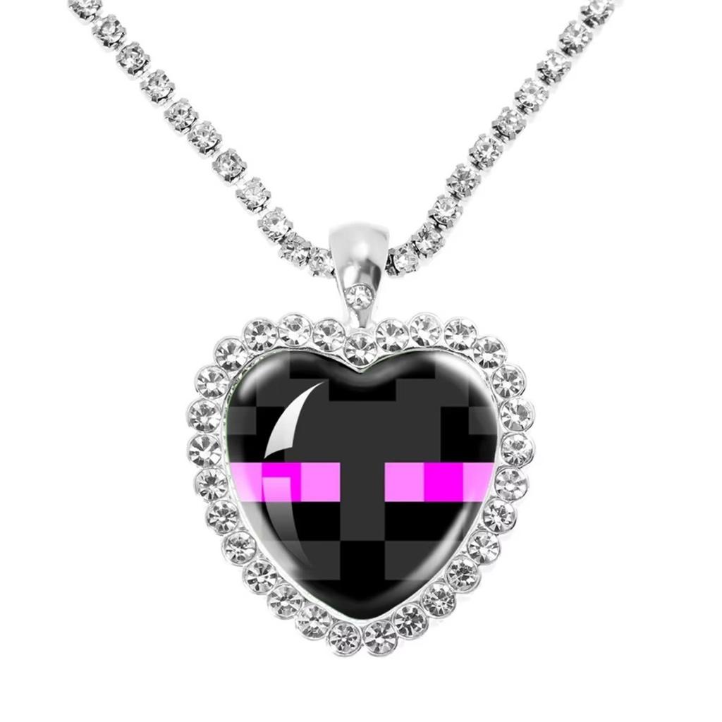 Fun Pixel Block-themed Heart Necklace Accessories, Heart Pendant, Sweater Chain, Rhinestone Necklace