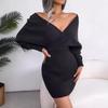 2025 Autumn/Winter European & American Sexy Cross V-Neck Batwing Bodycon Sweater Dress