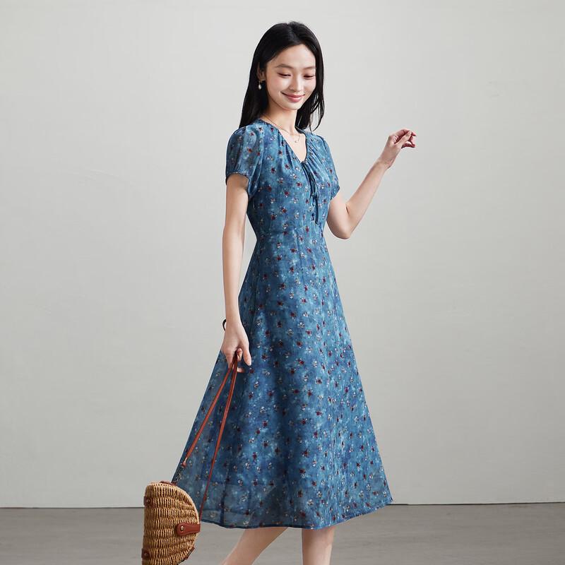 

French Floral V-neck Short-Sleeve Dress M
