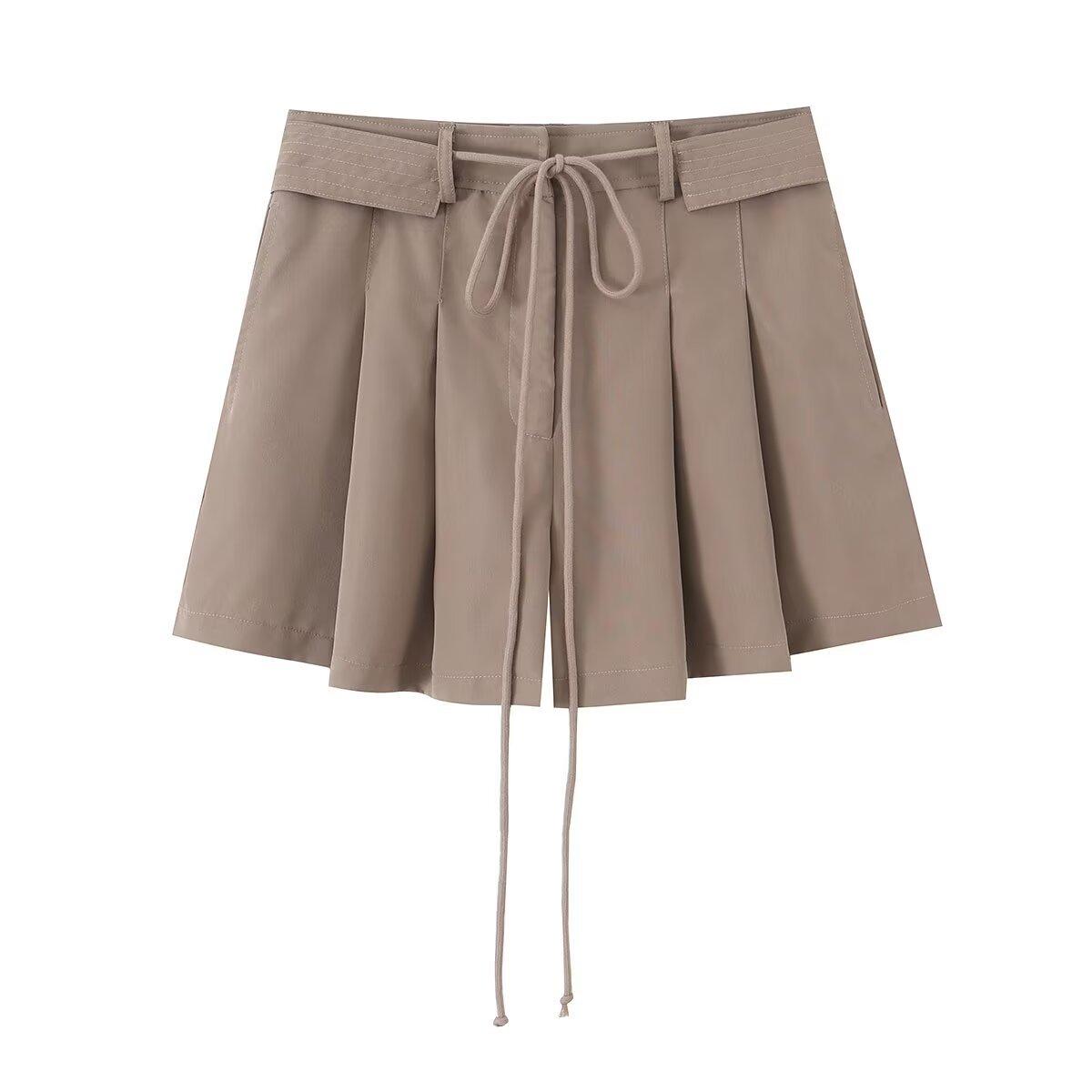 European and American style new women s fashionable casual drawstring belt pleated shorts S